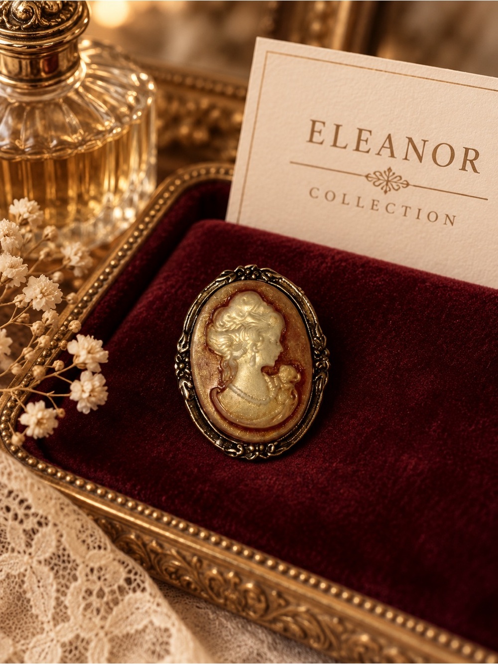 Vintage Inspired Cameo Portrait Brooch Ornate Gold Tone Pin